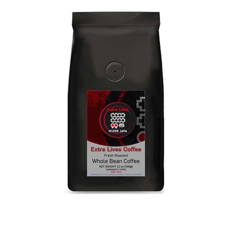 Extra Lives black coffee bag. Black coffee bag has a red, black, and grey logo. The logo is a circle with Extra lives on the top with the buttons depicting up, up, down, down, left, right, left, right